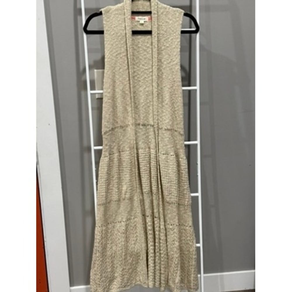 Taylor& Sage Beige Pointelle Longline Open Front Sleeveless Cardigan Vest L Boho